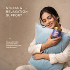 Woman holding a Blunt Blast CBD gummies jar labeled 'Stress & Relaxation Support' against a beige background