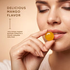 Woman holding a Blunt Blast mango CBD and THC gummy near her lips with text about delicious mango flavor.