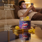 Blunt Blast full spectrum THC gummies 500mg jar on a table with a blurred person using a phone in the background.
