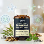 Blunt Labs Liposomal Berberine 98% HCL Plus supplement bottle with herbs and molecules in the background