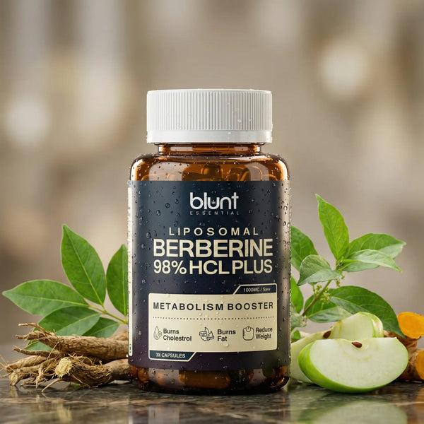 Bottle of Blunt Lipoosomal Berberine 98% HCL Plus with natural elements on a blurred background