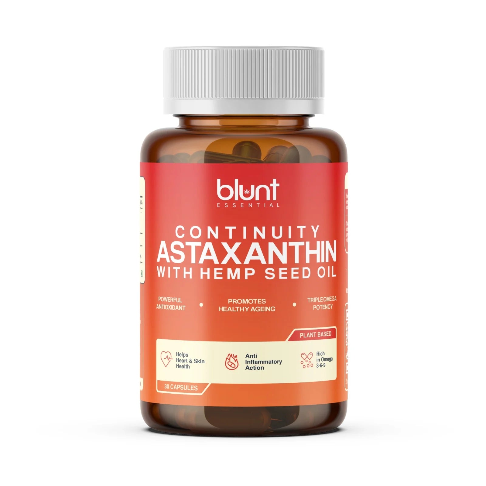 Bottle of Blunt Essential Continuity Astaxanthin with Hemp Seed Oil on a white background