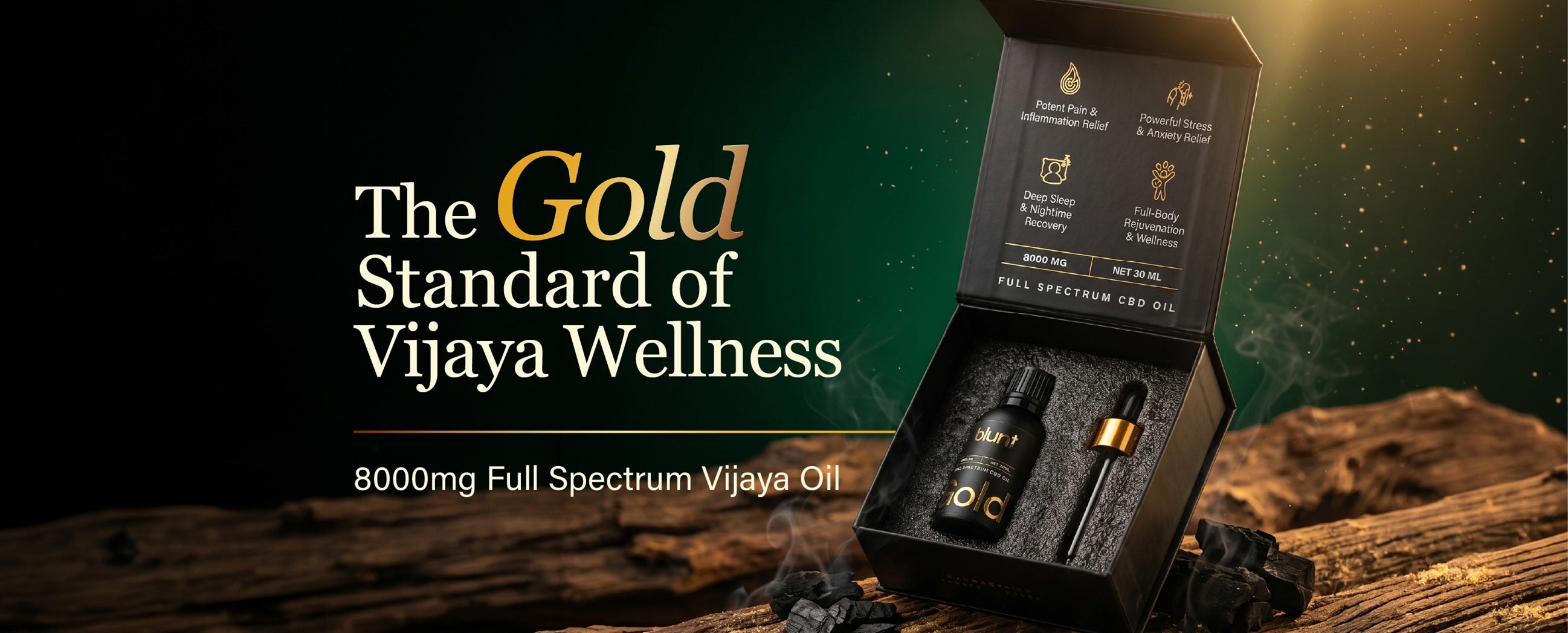 Vijaya Wellness product with text 'The Gold Standard of Vijaya Wellness' on a wooden surface.