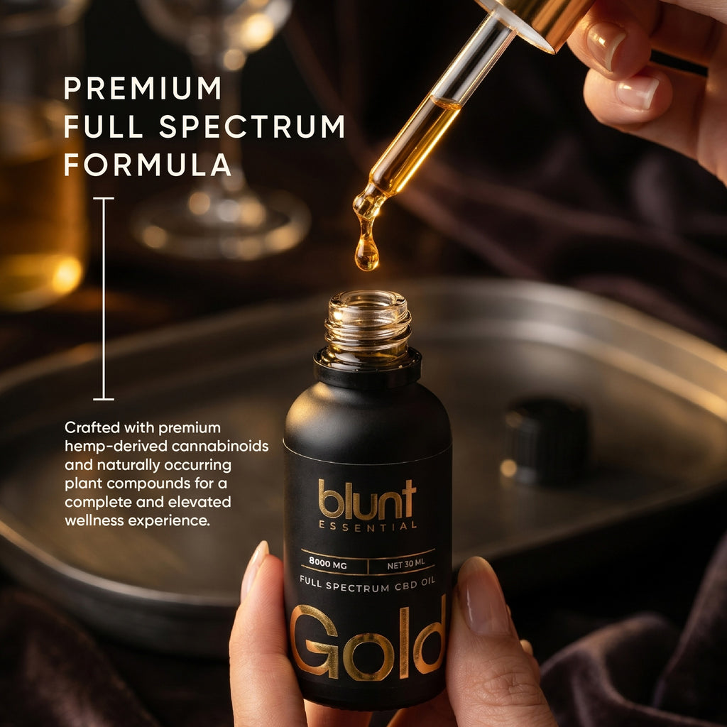 Blunt Gold CBD:THC 1:7 8000mg oil bottle with dropper being used, set against a dark background.